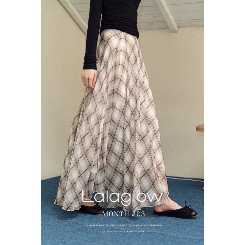 Lalaglow Time Traveler Gentle Wind-hanging Loose Slimming Plaid Skirt Women's Casual All-match Long Dress