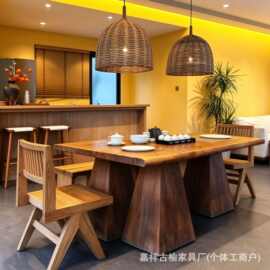 侘寂风老榆木实木茶桌家用长方形餐桌复古民宿客厅餐厅原木茶桌会