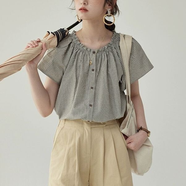 Japanese Style Retro Striped Cute Doll Shirt Women's Summer Design Sense Ear Edge Foreign Style Shirt All-match Slim Look Top Japanese Style Retro Striped Cute Doll Shirt Women's Summer Design Sense Ear Edge Foreign Style Shirt All-match Slim Look Top