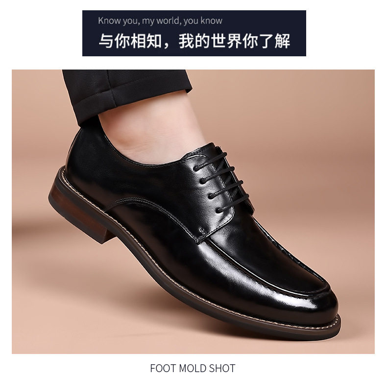 Giày da nam công sở da bò lớp đầu, mũi tròn, dây buộc, đế cao su — Màu nâu, dùng được bốn mùa, Mẫu đen bốn mùa, Đen lót lông chi tiết 15
