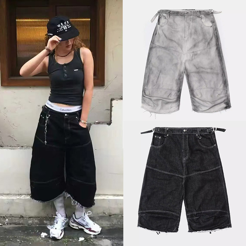 Badblood American Retro White Dirty-Dye Casual Mid-Length Pants Spicy Girl Sports Loose Wide-Leg Denim Cropped Pants Trendy