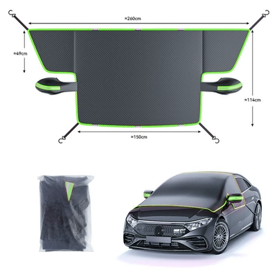 Oxford Cloth Car Snow Cover, Car snow shield - st-3960-black-green-reflective-strips-green-edging-frosted-pull-pocket-packaging
