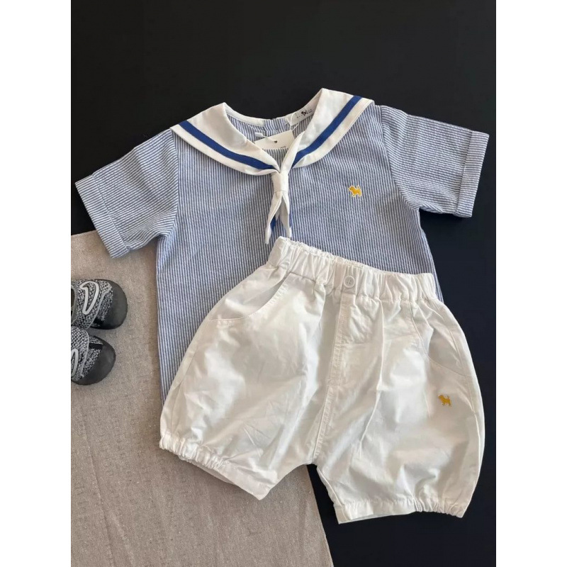 Baby Ins Suit 25 Summer Boys and Girls Baby Blue Stripesd Navy Collar Short-Sleeved Shorts Two-Piece Set