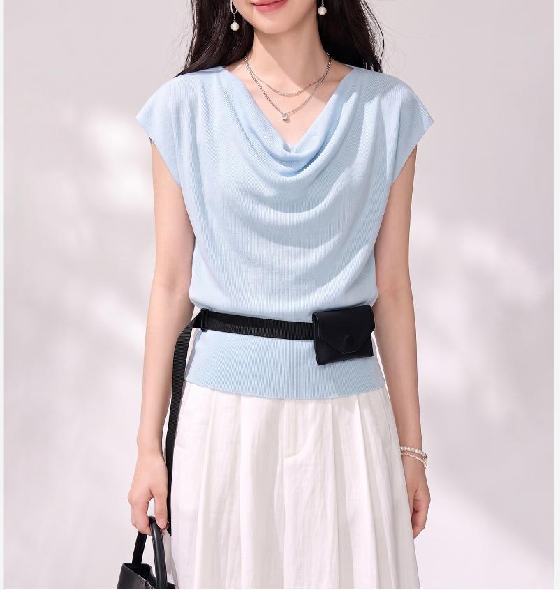 Áo thun nữ cổ tròn tay ngắn thiết kế nếp gấp phối eo 2026 — xanh lam, Xanh lá cây nhạtcolor chi tiết 3