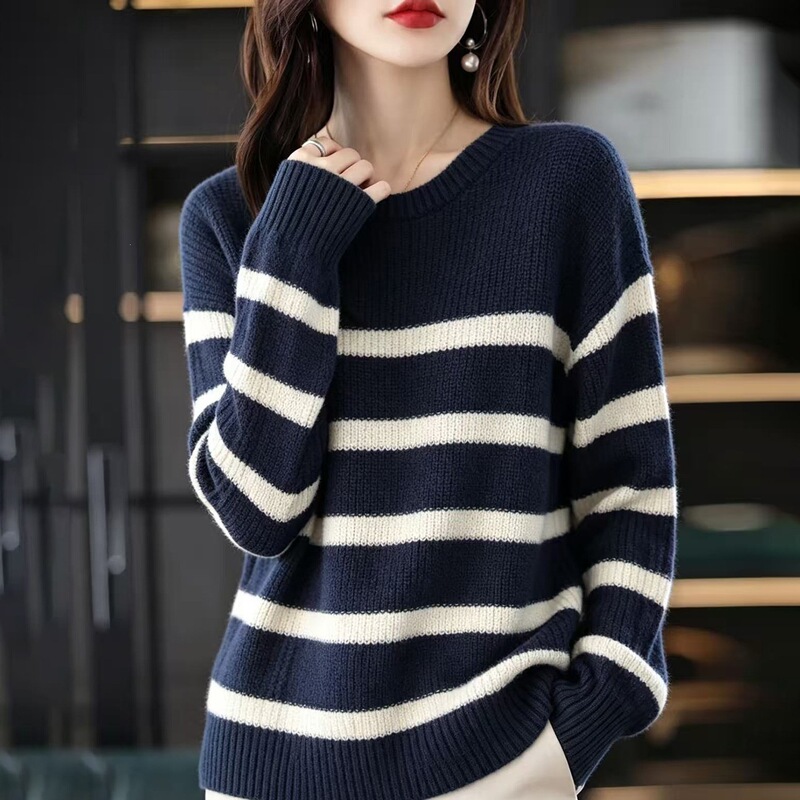 Round-neck, wide-striped, pure cotton women's long-sleeved pullover, thick knit sweater, loose fit, suitable for spring and autumn, casual and work-appropriate Round-neck, wide-striped, pure cotton women's long-sleeved pullover, thick knit sweater, loose fit, suitable for spring and autumn, casual and work-appropriate