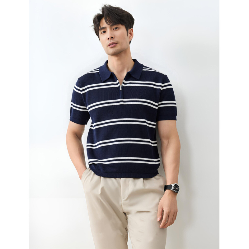 Camisas de polo de manga corta de vello de estilo de verano, camisetas de hielo con media cremallera a rayas, fábrica transfronteriza al por mayor image 4