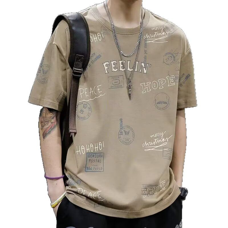 Camiseta de manga corta de verano impresa para hombres nueva marca de moda suelta ins camiseta de media manga retro de verano estudiantes coreanos