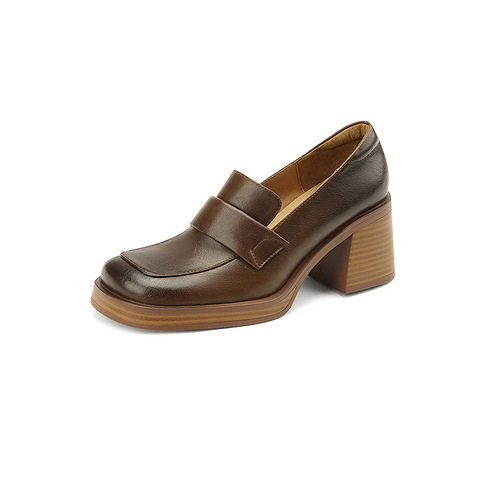 ~Thick high-heeled loafers 2024 spring washed cowhide one-legged square-toed single shoes French retro high heels
