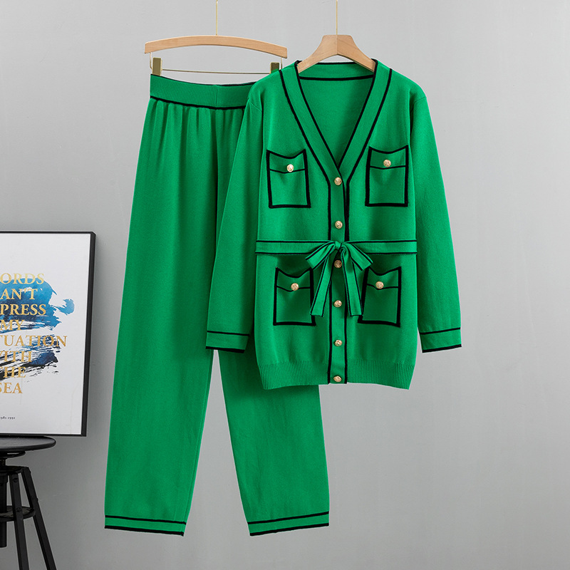 women's pants set Autumn and winter knitted cardigan wide leg pants set, spring temperament fashion two-piece set_voghion.com
