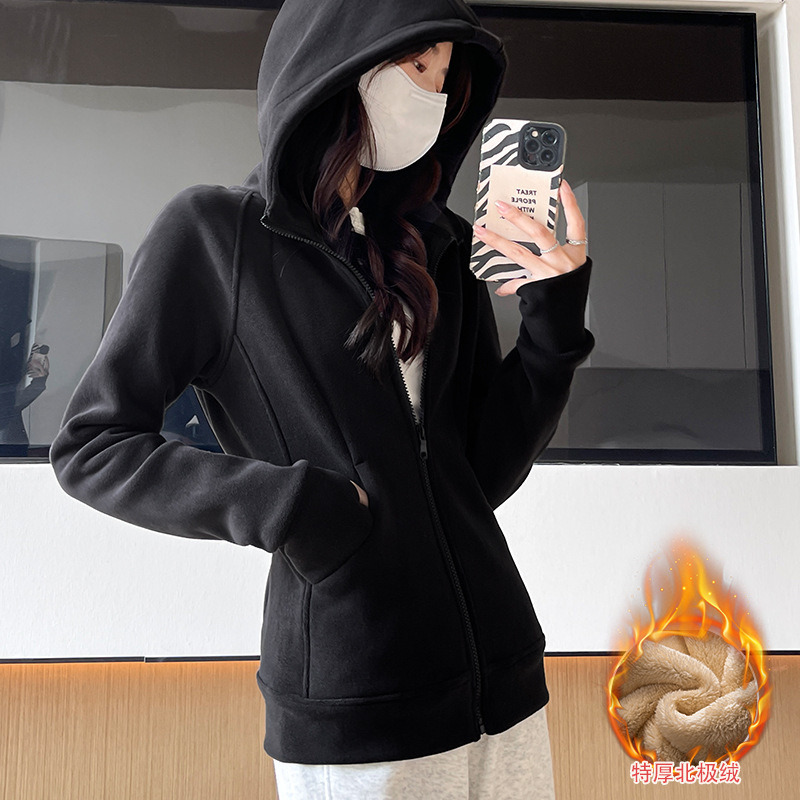 白色摇粒绒外套女秋冬季2025新款修身小个子短款上衣加绒连帽卫衣|undefined