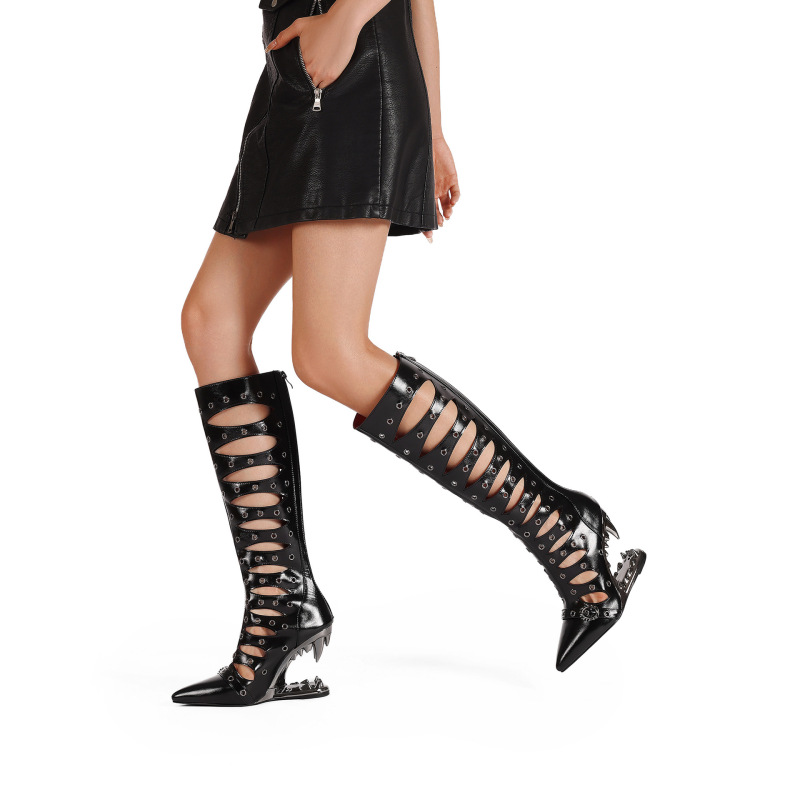 European and American Foreign Trade Hollow-Out Irregular-Shaped Sandals with Metal Rivets, Knee-High Boots, Runway Pointed-Toe Large-Size Fang Roman Shoes