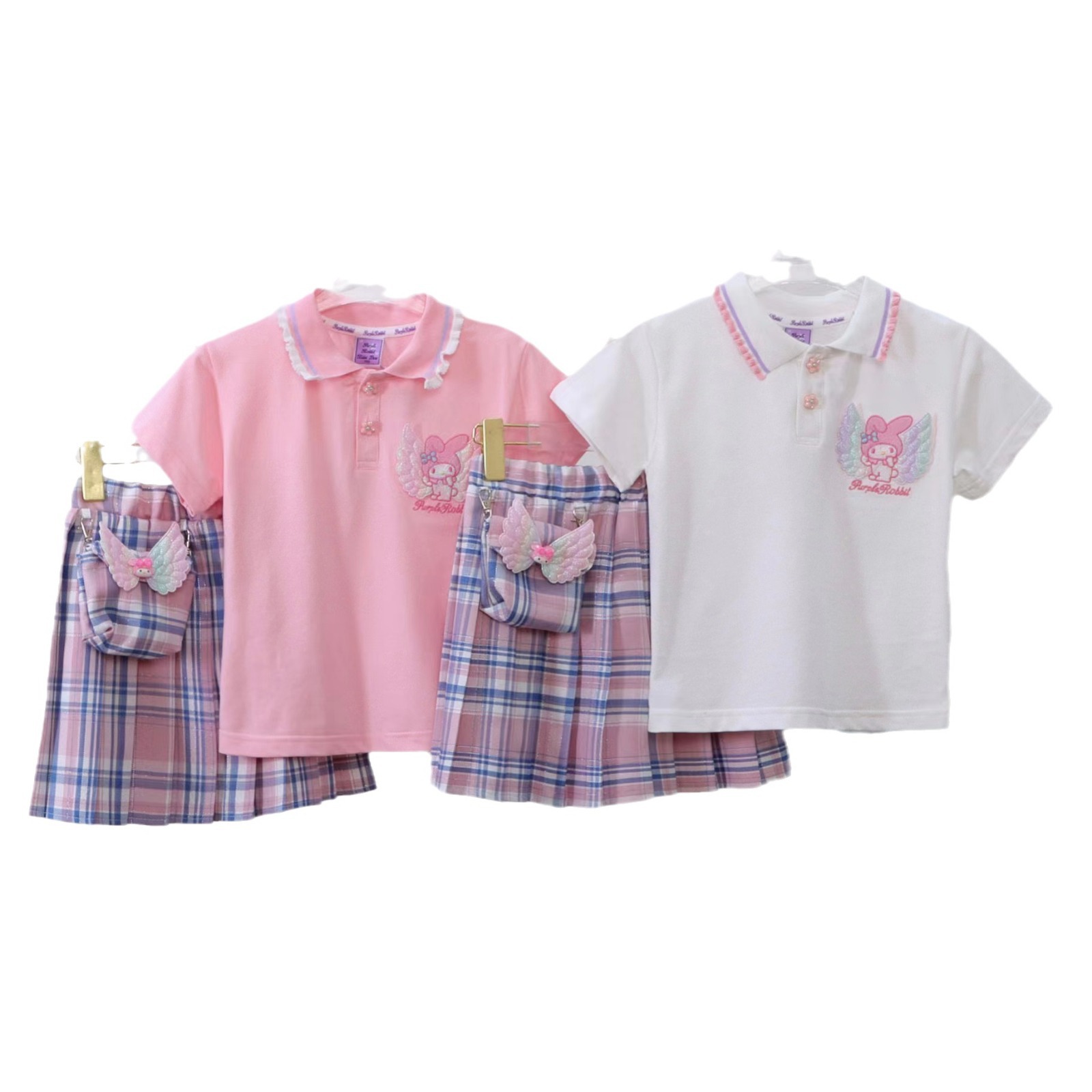 Jimo Kleidung Mädchen Sanrio Polo Kragen 2024 Sommer Tasche Tasche Große Kinder Set Rock_voghion.com