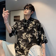 新中式薄款短袖衬衫男款夏季黑金龙纹唐装衬衣国风高级感半袖外套