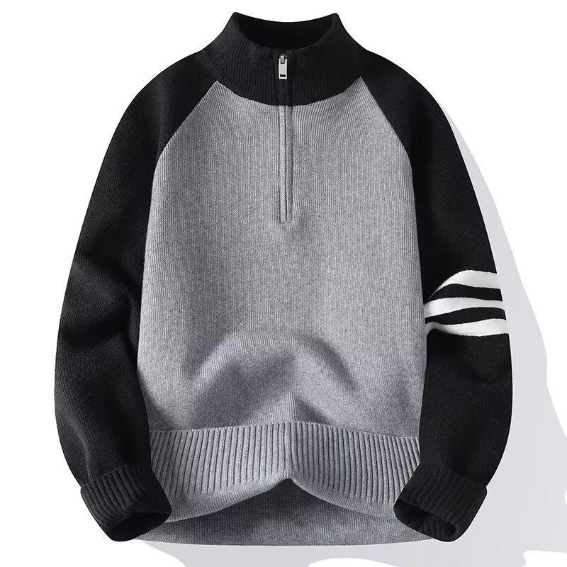 Semia cremallera tres barras a rayas camiseta de punto suéter hombre cuello perezoso alto otoño invierno suéter fábrica transfronteriza al por mayor image 6
