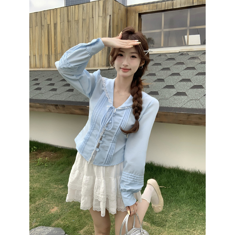 Lace Lace Navy Collar Long Sleeve Shirt Women's 2025 Spring and Summer New Chic Design Sense Short Slim Top