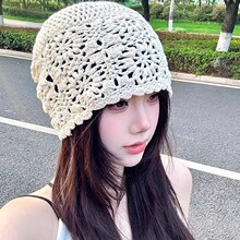 夏季复古针织帽堆堆帽白色手工钩花包头帽子蕾丝女薄款镂空毛线帽