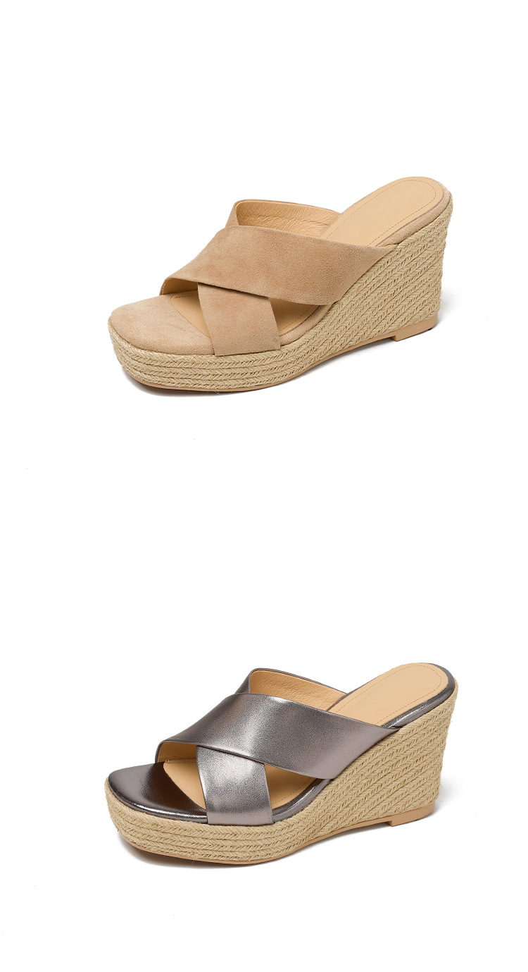 Dép sandal nữ quai chéo đế xuồng bện cói gót cao 5 cm — Da lộn màu hạnh nhân, Da bò thượng hạng màu súng chi tiết 17