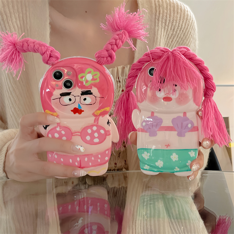 Menina engraçada, feia, fofa e trançada adequada para Apple 15 Promax Phone Case iPhone 13/14 3D 11/12_voghion.com