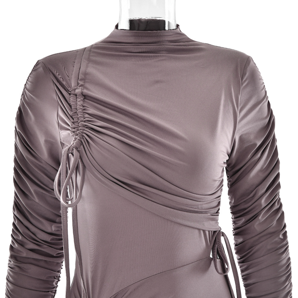 Women's New Sexy Long Sleeve Ruched Drawstring Tie‑Up Bodycon Maxi Dress_ecoleips.com