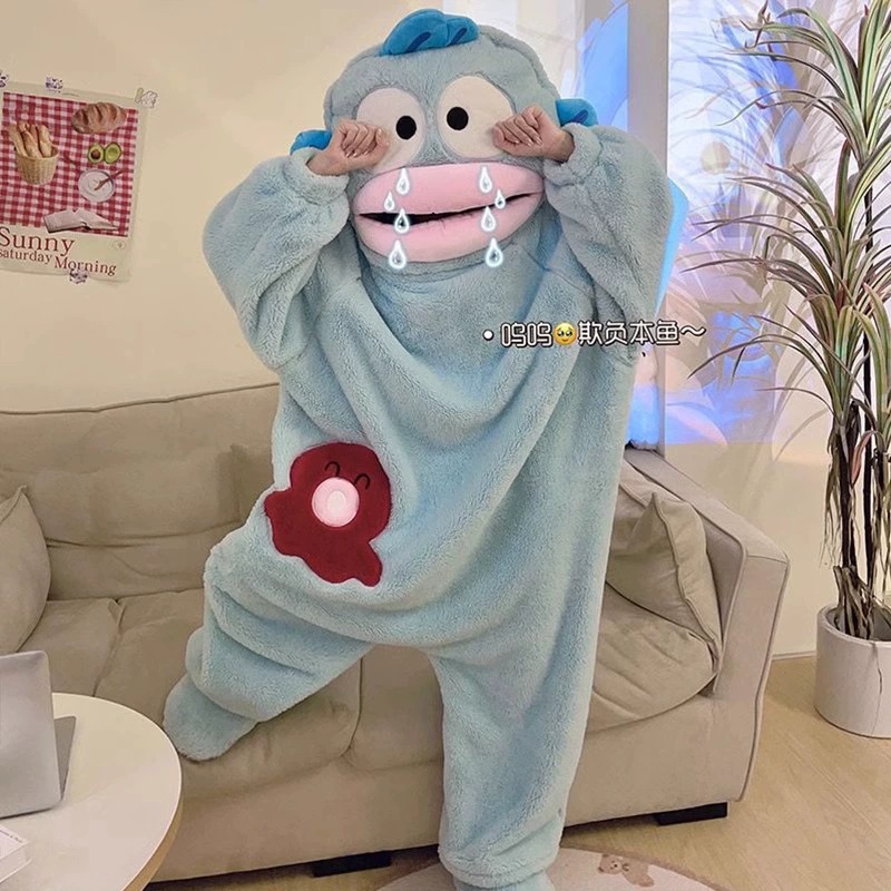 Hanton Ugly Fish One-Piece Pajamas Women's Coral Fleece Thickened Warm Autumn and Winter Cartoon Funny Couple Pajamas Long Men's