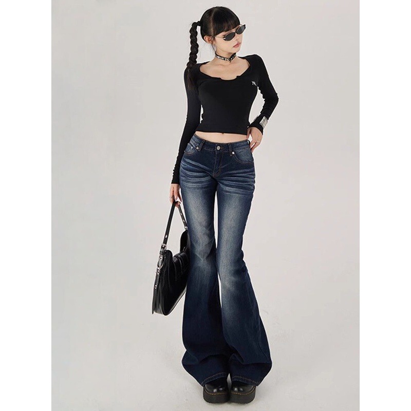 Petite Dark Blue Flared Jeans for Women, American Retro Style, Low Elasticity, Slim Fit, Low Waist, Bell-Bottom Pants