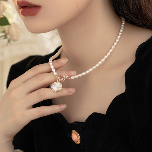 Freshwater pearl necklace women's copper micro-set shell starry sky design OT buckle collarbone chain rice grain pearl pendant neck chain
