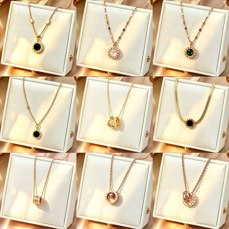 Popular European and American fashion high-end Roman sparkling diamond-encrusted titanium steel women's collarbone chain vacuum-plated jewelry