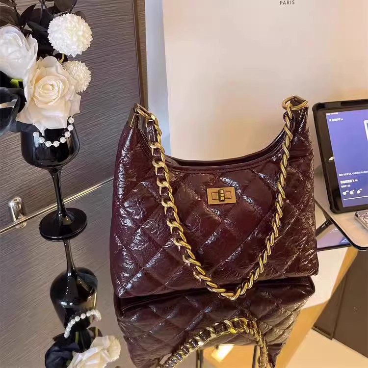 Túi tote nữ da thật kiểu tweed đeo chéo dây xích chần bông — Màu đen, Đỏ Ancora, Cà phê Mocha, Màu nâu