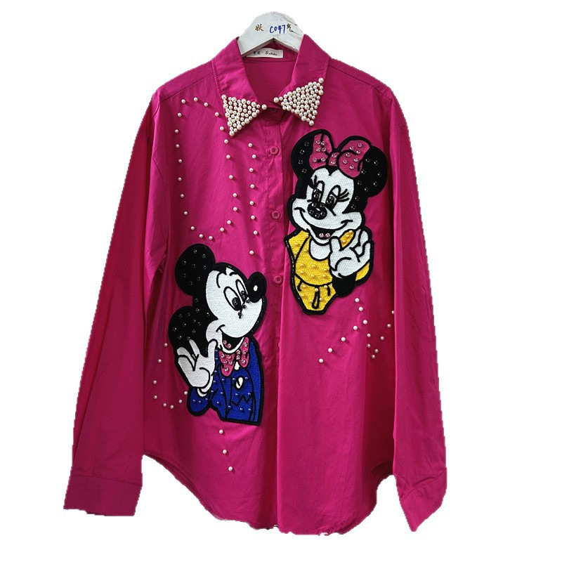 European Heavy-Duty Design Beaded Mickey Mouse Loose Long-Sleeved Shirt for Women Autum New Fashion Versatile Top Trend