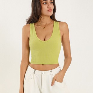 Basic Versatile European and American Threaded V-Neck Single-Layer Vest Nylon Sports Yoga Quick-Drying Fitness Sexy Bra High