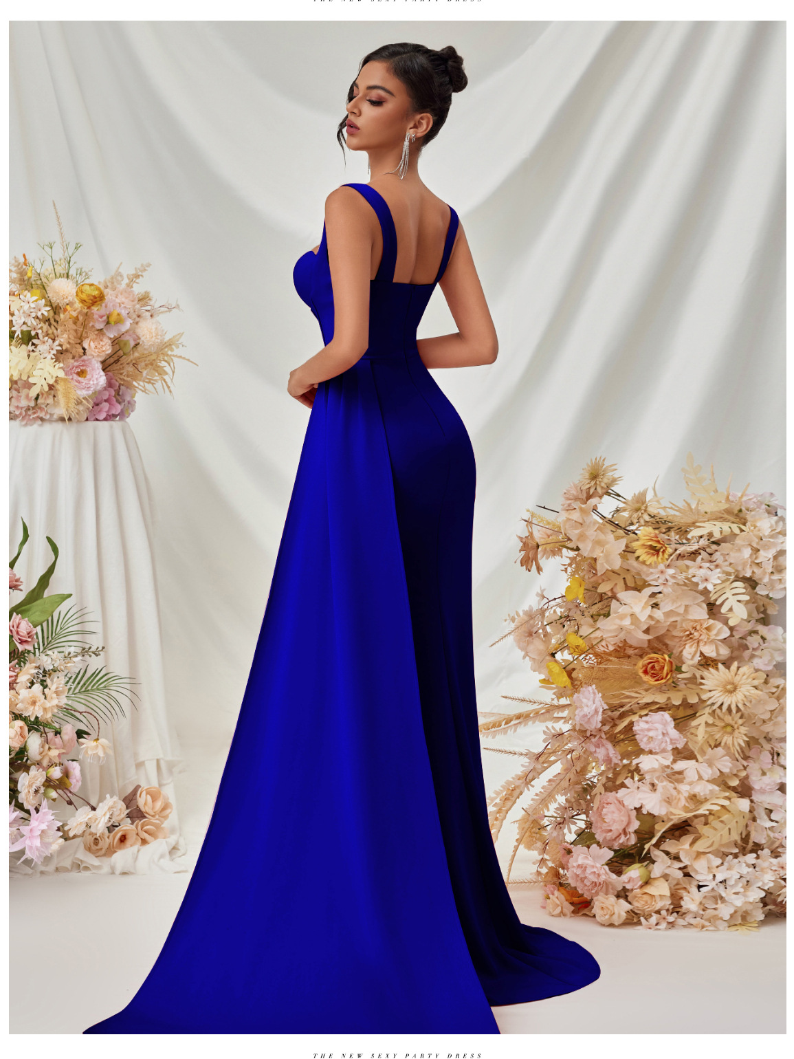 Nuevo vestido de noche sexy dividido de estilo europeo y americano, vestido largo con tirantes delgados de cadera de temperamento femenino de alta gama en stock
