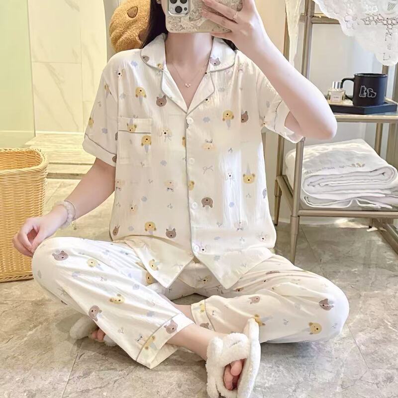 Shein Cross-Border Foreign Trade Short-Sleeved Long Pants Cloud Cotton Lapel Sweet Loose Large Size Pajamas Women's Set Shein Cross-Border Foreign Trade Short-Sleeved Long Pants Cloud Cotton Lapel Sweet Loose Large Size Pajamas Women's Set