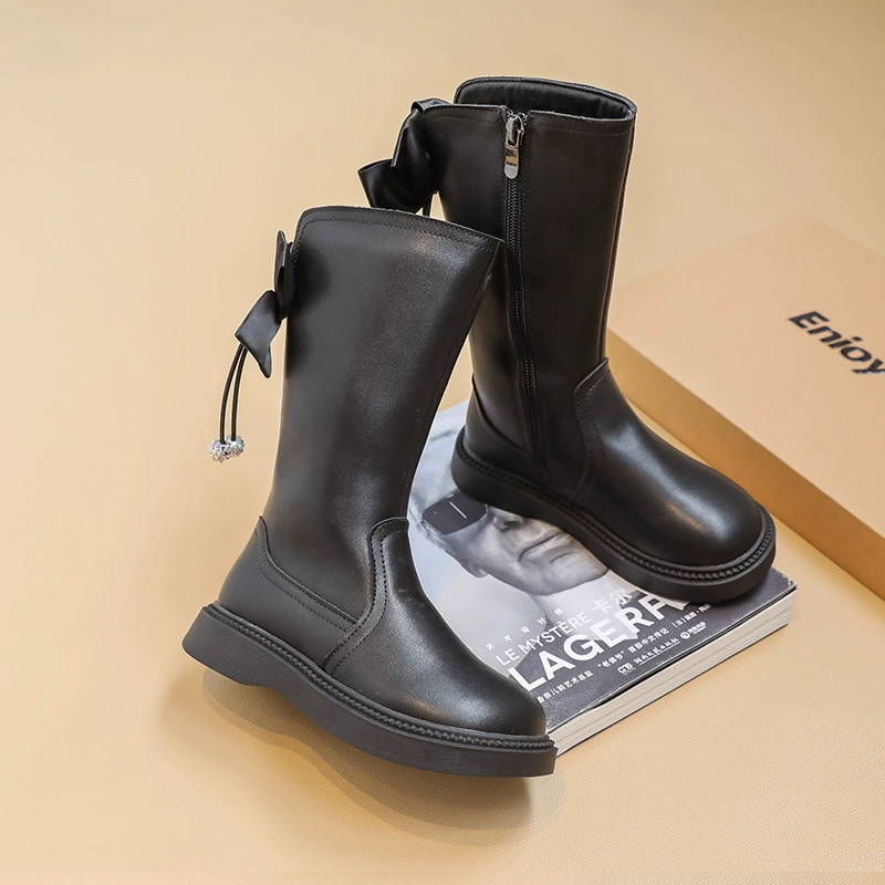 Детские сапоги для девочек, осенне-зимние новые высокие кожаные сапоги 2025 года, длинные сапоги в стиле принцессы, хлопковые сапоги Мартин на флисовой подкладке