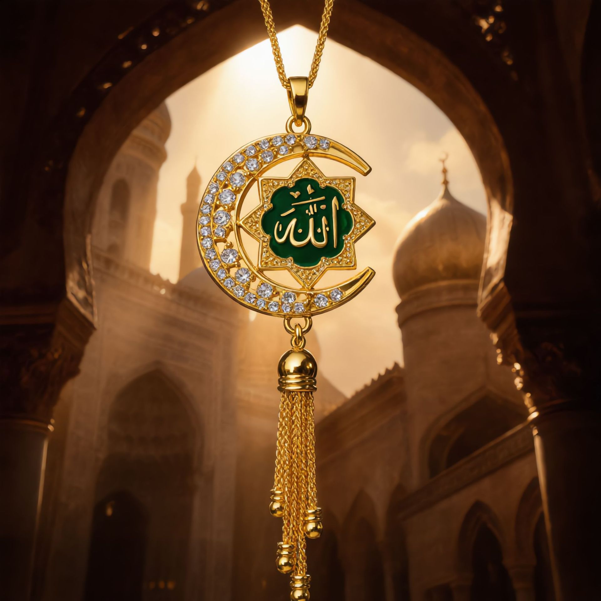 Golden Star and Moon Enamel Car Pendant, 3D Scripture Car Hanging Ornament, Diamond-Encrusted Rearview Mirror Tassel Decoration, Cross-Border Wholesale