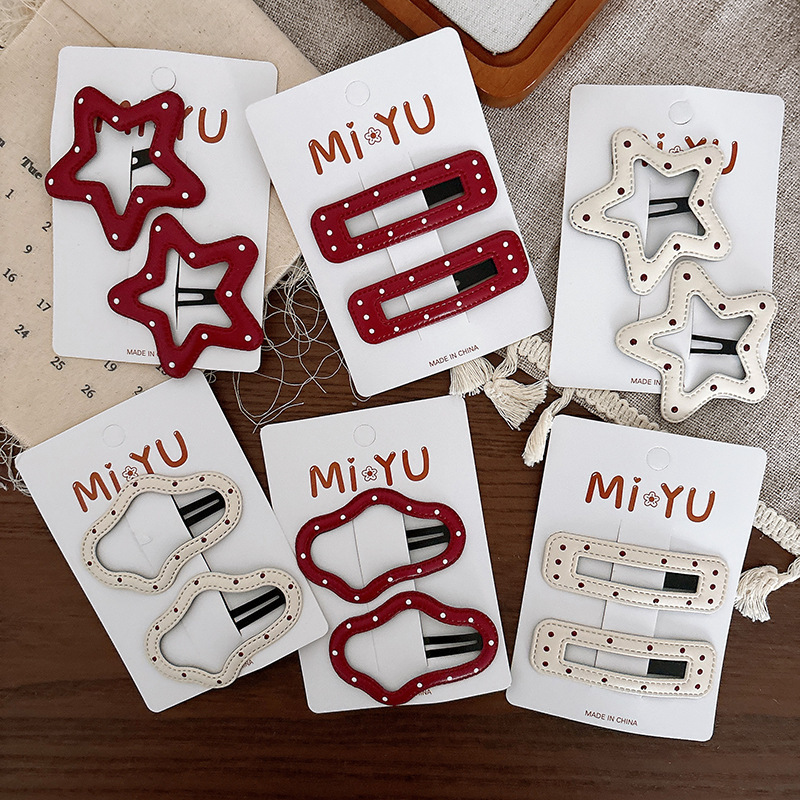 New Leather Red Polka Dot Sweet Versatile Star Bangs Bb Clip Girl Side Hairpin Hair Accessory Headwear