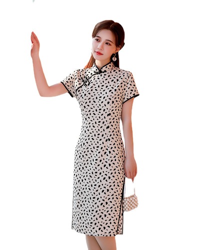 Black with white Polka Dot Qipao Chinese Dresses cheongsam summer young modified cotton and linen dress little girl everyday temperament