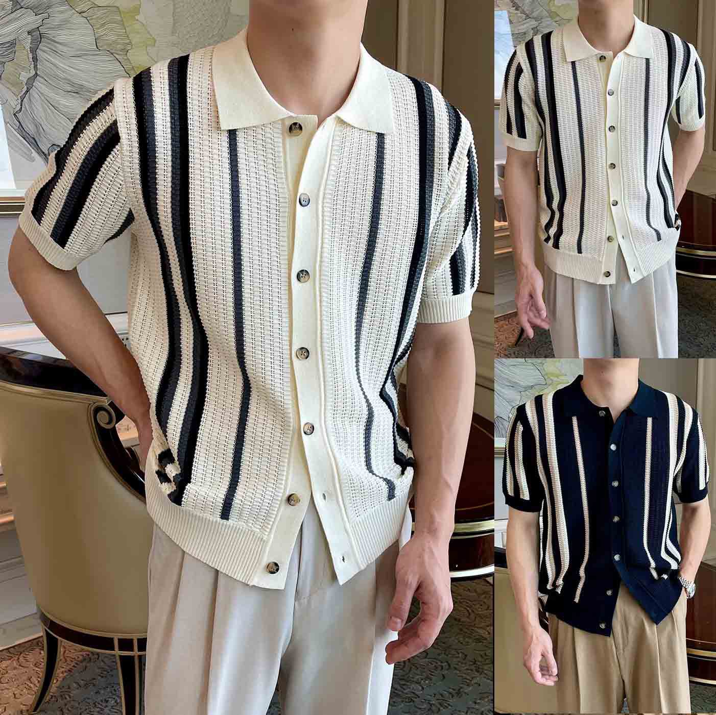 Polo camiseta de punto camiseta de manga corta hombre solapa rayas huecas viejas camisas de viento de verano hielo seda fábrica transfronteriza al por mayor