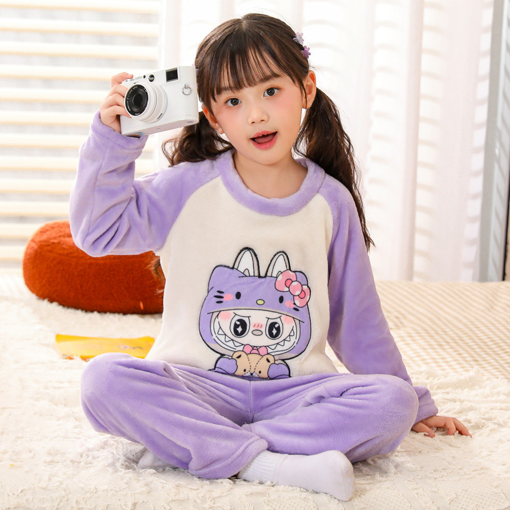 儿童法兰绒睡衣秋冬款加厚男童女童卡通珊瑚绒大童宝宝家居服外穿