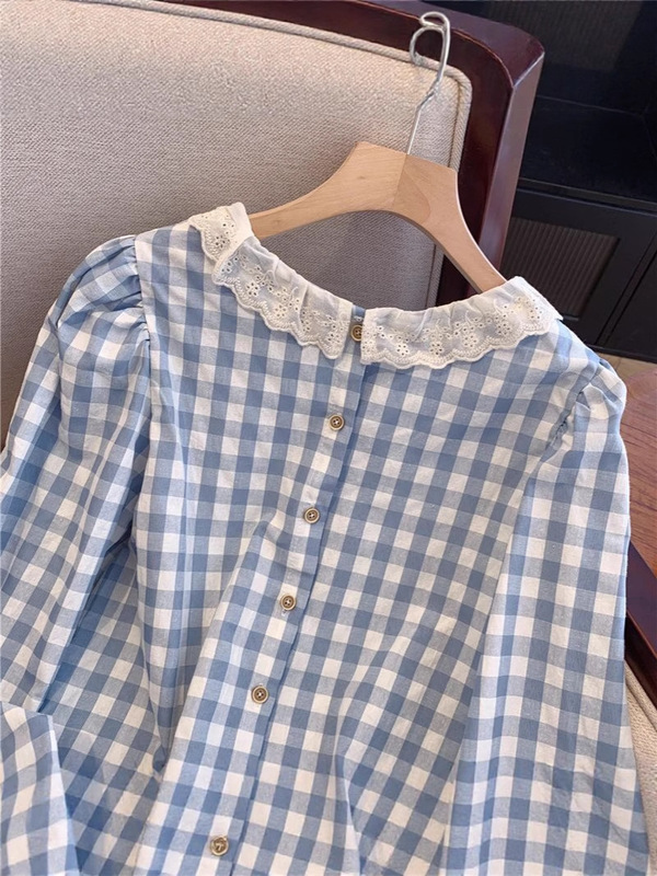 蓝色格子长袖衬衫女2025夏季新款小清新蕾丝边圆领小个子衬衣上衣|undefined