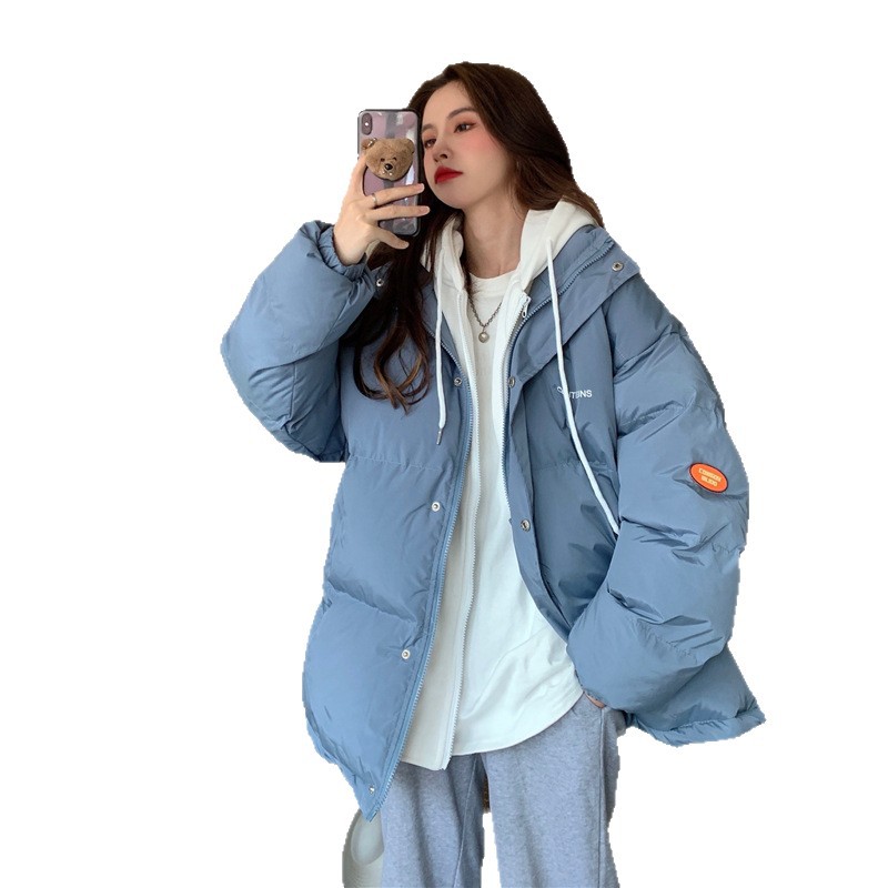 2025 nueva ropa de algodón de pluma de invierno de mujeres estudiantes falsos dos piezas de ropa de pan con capuz suelta chaqueta de algodón abrigo grueso image 6