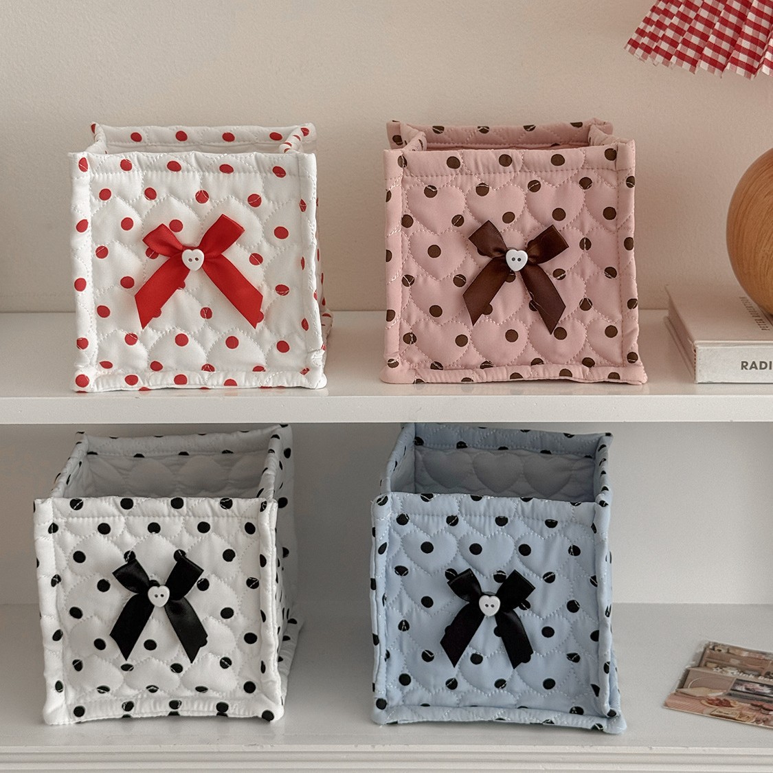 Cross-Border Large Polka Dot Quilted Square Storage Basket with Bowknot Polka Dot Design for Dormitory Desk and Bedside Storage