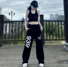 速卖通高腰抽绳爵士舞运动裤字母印花女美式街头嘻哈跳舞运动裤子