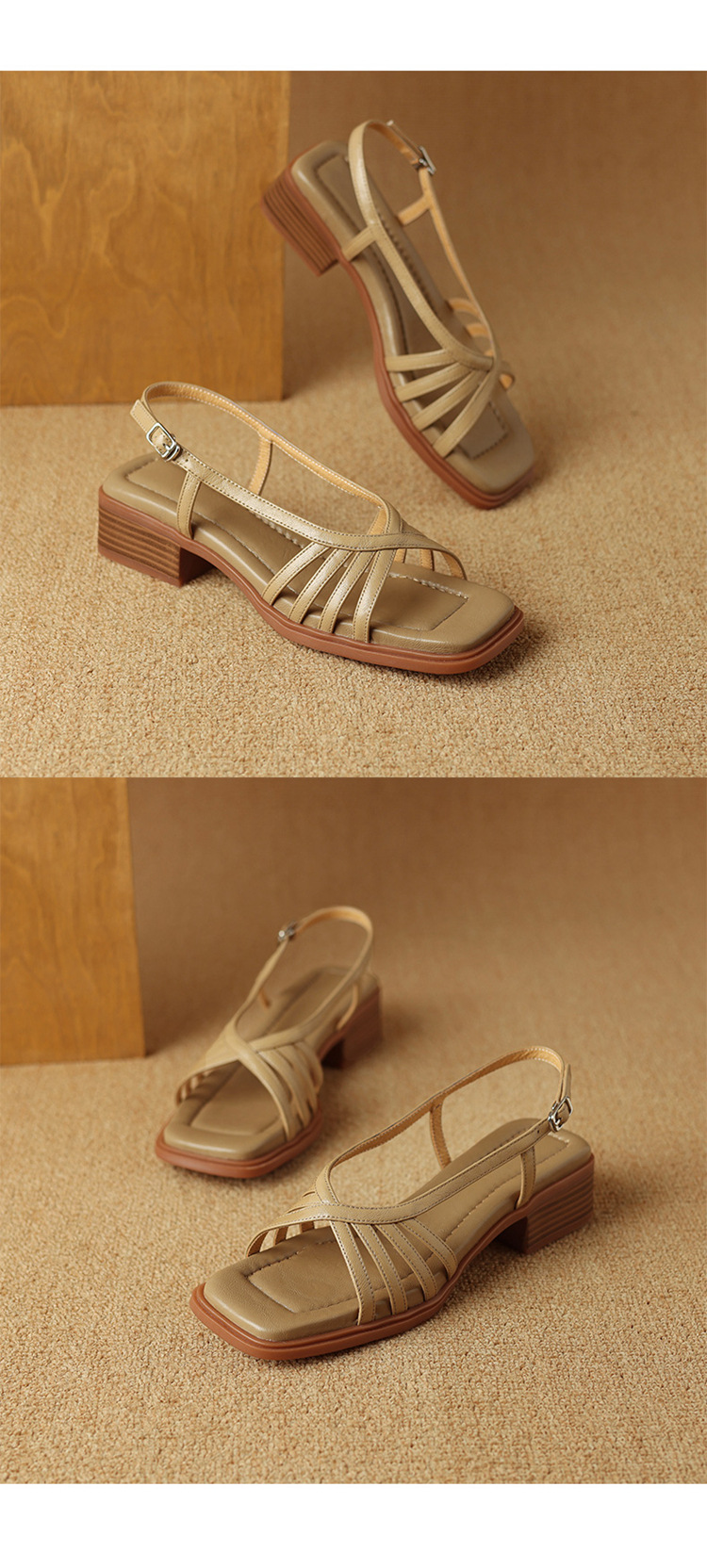 Sandal nữ mũi vuông gót vuông da cừu phong cách La Mã quai mảnh hở ngón — Màu trắng be chi tiết 13