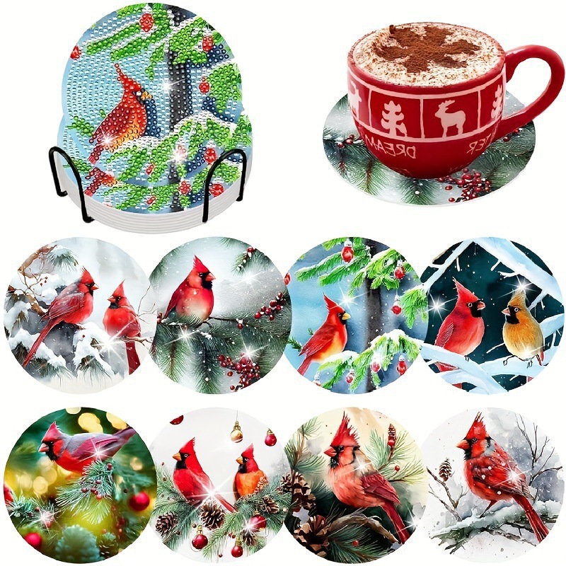 Ventas transfronterizas calientes de 8 piezas de conjunto de cojín de taza de arte de diamante, con soporte, pequeño conjunto de pintura de diamante, adecuado para adultos