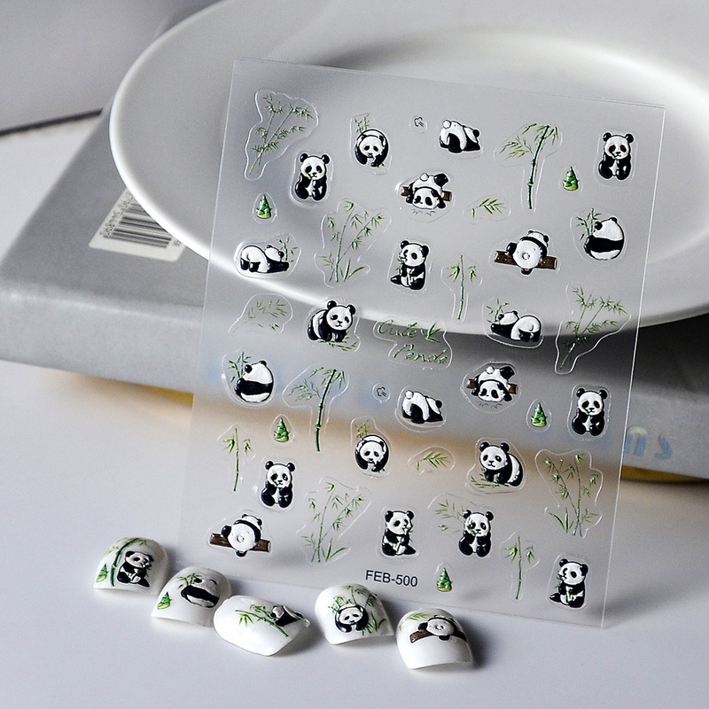 2024 Cross-Border New Nail Art Stickers Cute Soft Panda 5D Stereo Relief Self-Adhesive Nail Stickers National Style Bamboo
