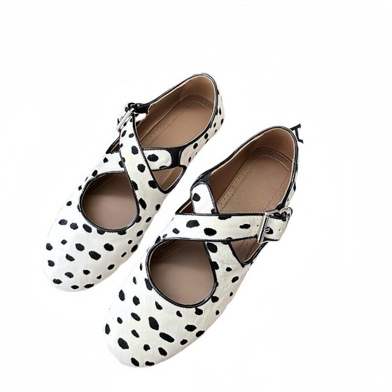 [Gao Ding Private Edition] Niche Style Round Head Horse Hair Cross Strap Flat Ballet French Shallow Mouth Mary Jane Shoes