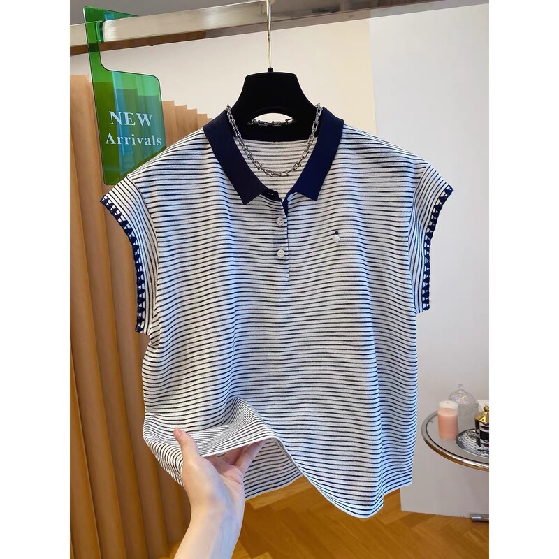 [Plus Size] Polo Collar Striped Flutter Sleeve T-Shirt for Women, Summer High-End Chic Casual Versatile Top