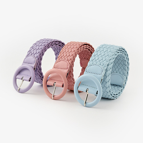 New European and American fashion candy-colored round leather bag buckle wide belt for women versatile clothing decorative woven belt for women