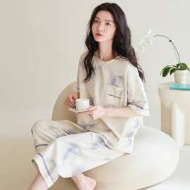 纯棉短袖七分裤女生睡衣套头休闲可外穿全棉短长家居服妈妈睡衣夏