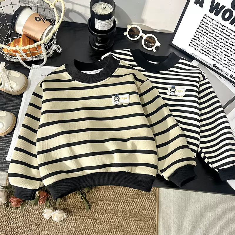 儿童卫衣2025宽松加绒一体新款洋气条纹男童长袖打底儿童上衣